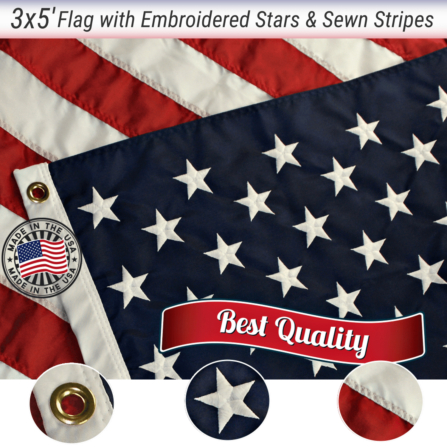 AMERICAN FLAG MADE IN USA 3X5 FT Embroidered Flag