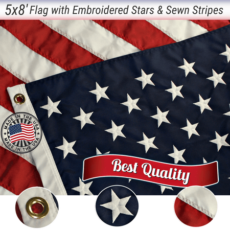 5x8 FT EMBROIDERED AMERICAN FLAG - Made in USA - Quality Embroidered Stars and Sewn Stripes - Grace Alley