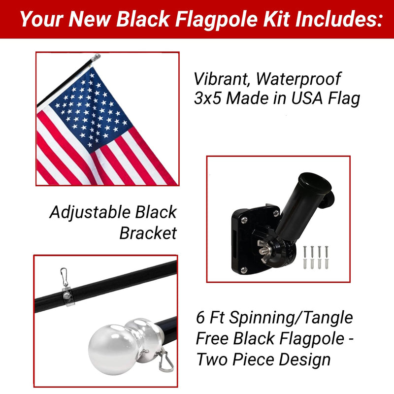 FLAG POLE KIT: BLACK Flag Pole with Bracket & American Flag